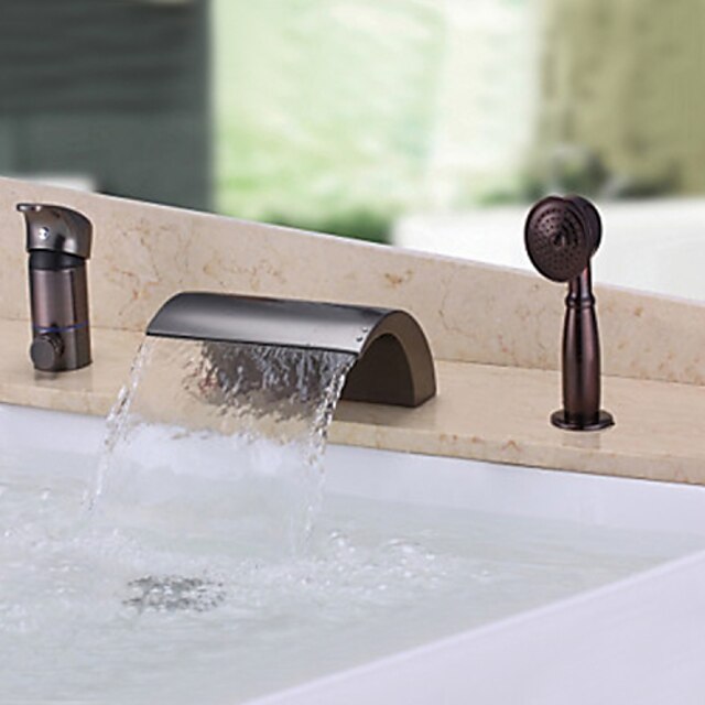  Badekarskran - Antikk Olje-gnidd Bronse Romersk kar Messing Ventil Bath Shower Mixer Taps / Enkelt håndtak tre hull