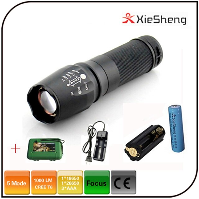  LED Flashlights / Torch Waterproof Zoomable 1000 lm LED Cree® XM-L T6 1 Emitters 5 Mode with Battery and Charger Waterproof Zoomable Rechargeable Adjustable Focus Impact Resistant Camping / Hiking