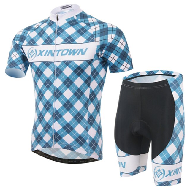  XINTOWN Short Sleeve Cycling Jersey with Shorts - Blue Plaid / Checkered Bike Shorts Jersey Clothing Suit Breathable 3D Pad Quick Dry Ultraviolet Resistant Sweat-wicking Winter Sports Lycra Plaid