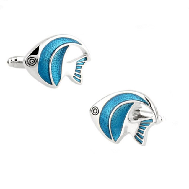  Fashion Copper Men Gift Jewelry Silver Blue Enamel Novelty Fancy Fish Cufflinks(1Pair)