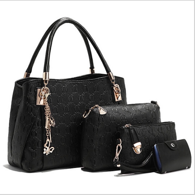  女性用 バッグ PUレザー トート バッグセット 3個の財布セット フラワープリント バッグセット アウトドア ホワイト ブラック ブルー ゴールド
