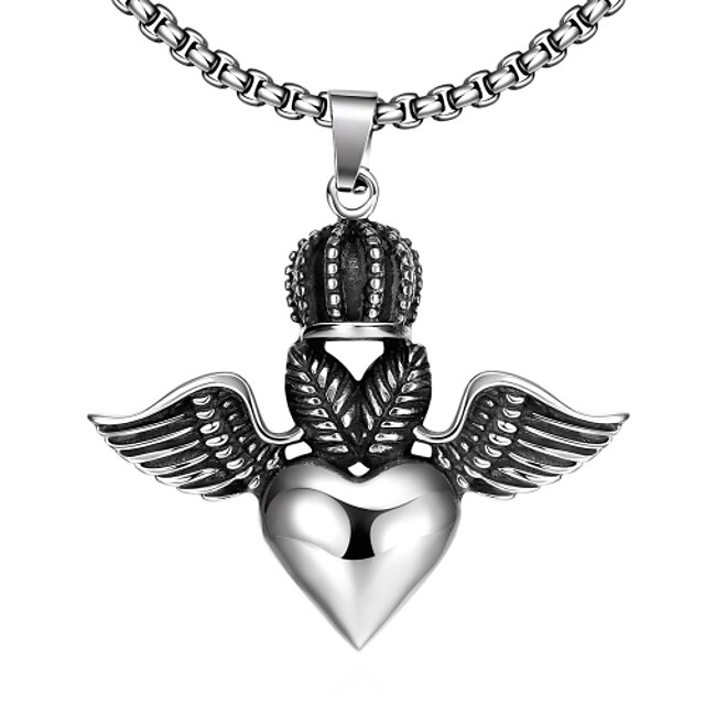  Maya Fashion Generous Heart-Drop with Wings of Angel Man Stainless Steel Pendant Necklace(Gray)(1Pcs)