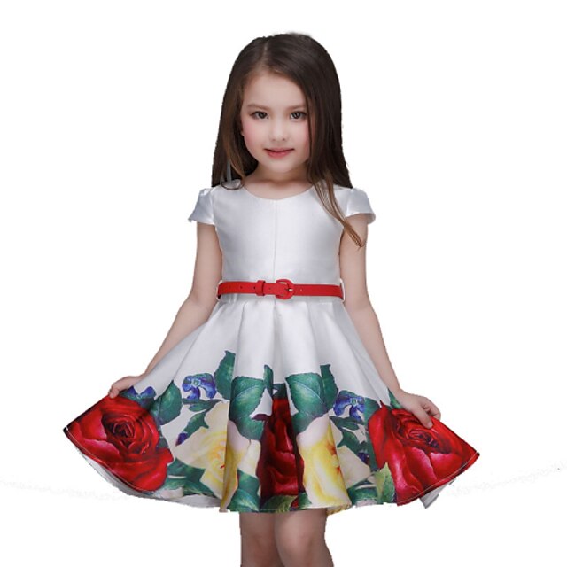  Para Meninas Floral Floral Manga Curta Poliéster Vestido Branco