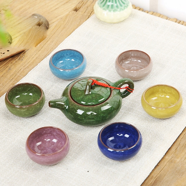  coloridas rachaduras de gelo de crack esmalte na areia de presente roxa teapot teacup conjunto de 7 conjunto de chá em cerâmica (1pc bule