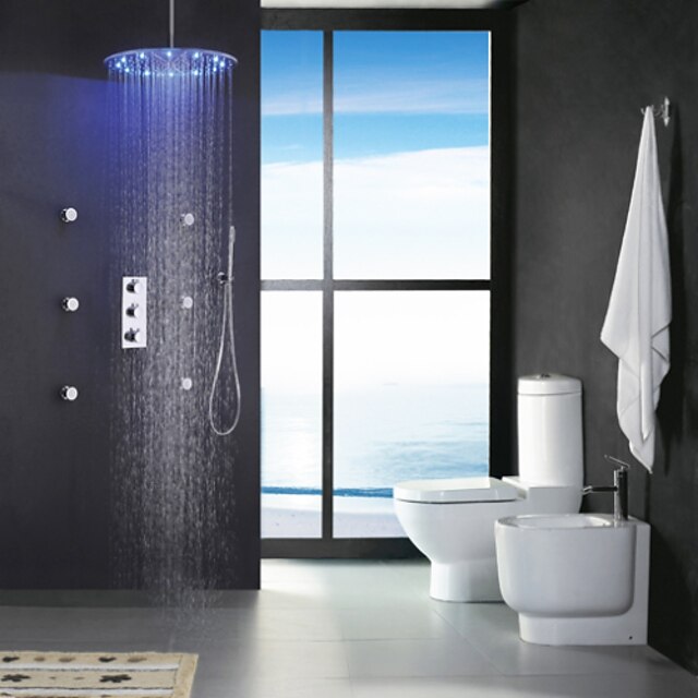  Shower Faucet Set - Handshower Included Thermostatic LED Contemporary Chrome Brass Valve Bath Shower Mixer Taps