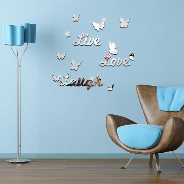  DIY Mirror Stickers Butterfly Live Love Laugh Wall Stickers Home Decor Art Wall Decal For Kids Rooms