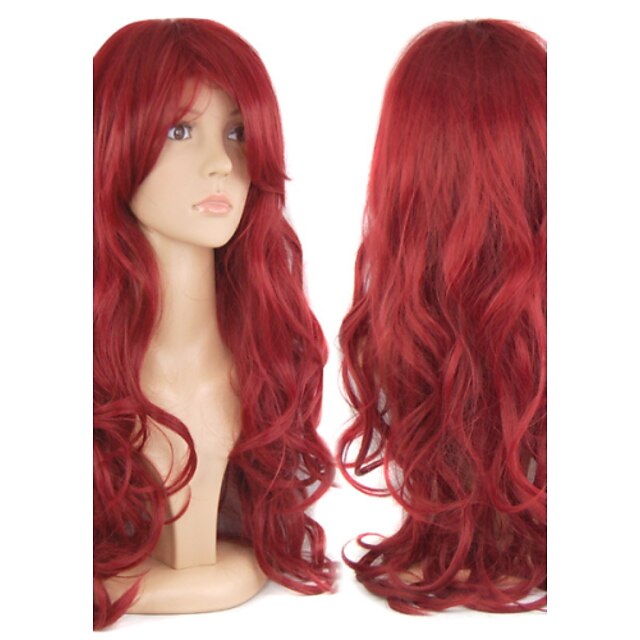  cosplay costume perruque synthétique perruque bouclés bouclés perruque long fuxia cheveux synthétiques femme rouge