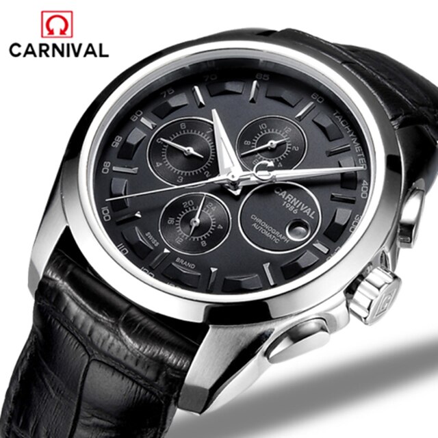  Carnival Men's Fashion Watch Automatic self-winding Leather Band Black