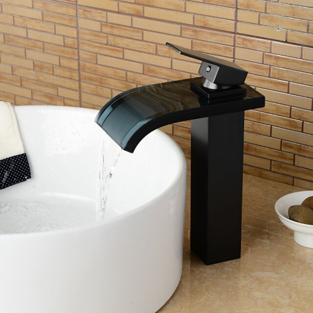  Contemporary Oil-rubbed Bronze Glass Vessel Waterfall Bathroom Sink Faucet - Black