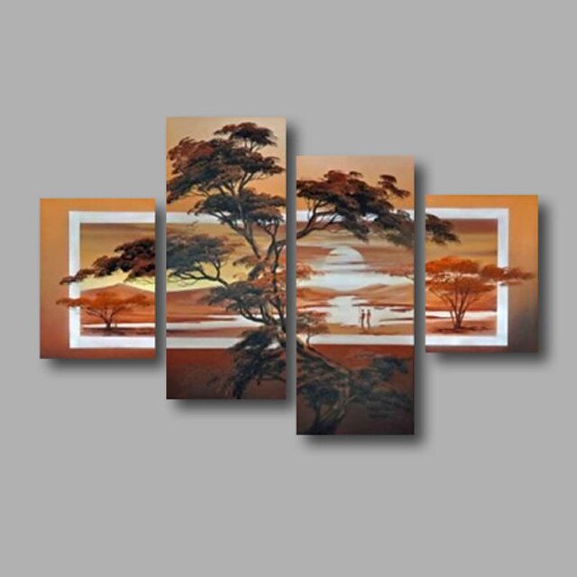  Oil Painting Hand Painted - Floral / Botanical Modern Stretched Canvas / Four Panels