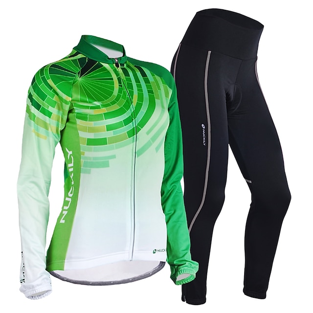  Nuckily Women's Long Sleeve Cycling Jersey with Tights Winter Lycra Polyester Green Gradient Bike Jersey Clothing Suit Windproof Anatomic Design Quick Dry Breathable Reflective Strips Sports Gradient