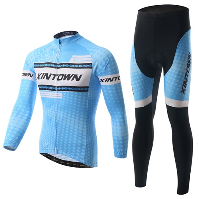  XINTOWN Long Sleeve Cycling Jersey with Tights - Blue Dots Bike Jersey Clothing Suit Thermal / Warm Fleece Lining 3D Pad Winter Sports Elastane Fleece Dots Road Bike Cycling Clothing Apparel