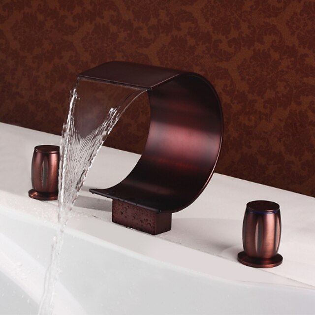  Bathroom Sink Faucet - Waterfall Oil-rubbed Bronze Deck Mounted Two Handles Three HolesBath Taps / Brass