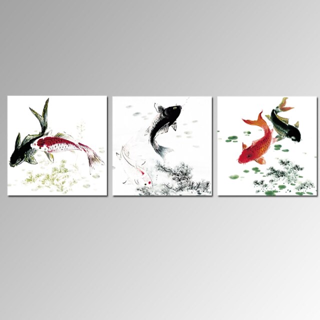  VISUAL STAR®3 Panel Fish Chinese Painting Prints for Home Decor Stretched Canvas Art Ready to Hang