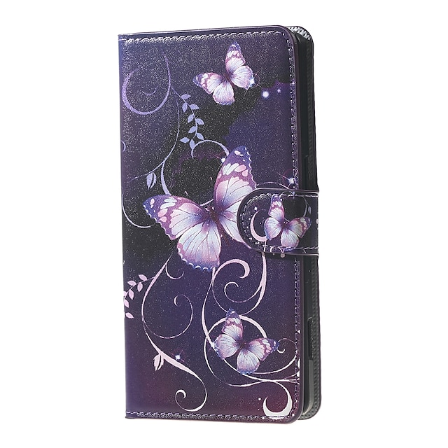  violetti perhosia ja viiniköynnösten kuvio lompakko nahka läppä jalustan tapauksessa korttipaikka Microsoft Lumia 650