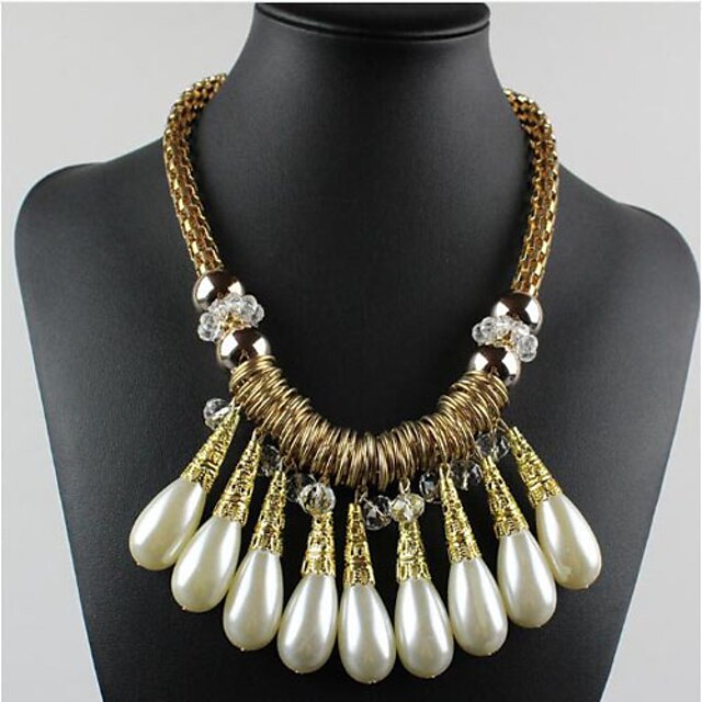  Women's Crystal Statement Necklace Pearl Necklace Drop Fashion Pearl Alloy Screen Color Necklace Jewelry For
