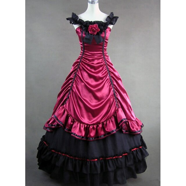  Maria Antonietta Gothic Lolita Viktoriaaninen loma mekko Mekot Tanssiaispuku Naisten Satiini Puuvilla Japani Cosplay Puvut Punainen Patchwork Hihaton Pitkä Pituus