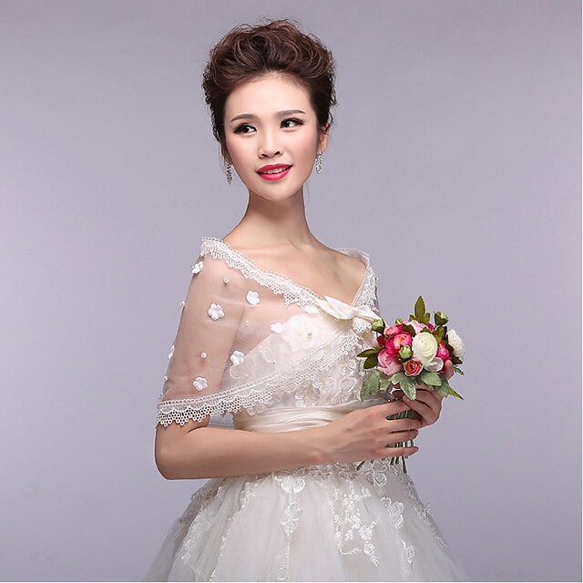  Sleeveless Lace Tulle Wedding Party Evening Wedding  Wraps With Beading Appliques Lace Bow Shrugs