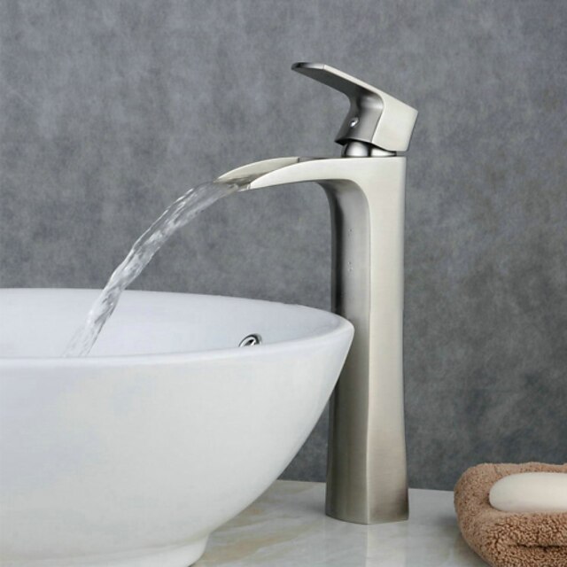  Bathroom Sink Faucet - Waterfall Nickel Brushed Centerset Single Handle One HoleBath Taps