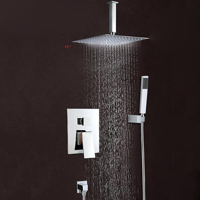  Bathroom Shower Set,12 Square Inches Rainfall Contemporary Chrome Wall Mounted Brass Valve Bath Shower Mixer Taps