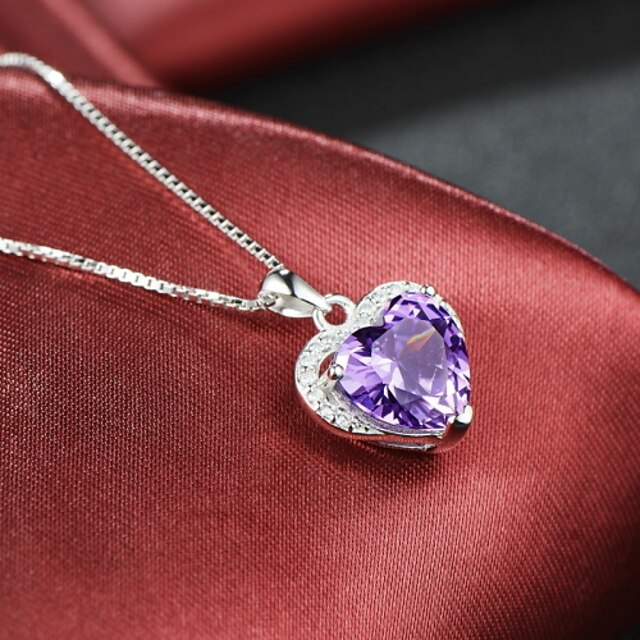  Women's Crystal Amethyst Pendant Necklace Simulated Heart Love Ladies Fashion Sterling Silver Zircon Rhinestone Purple Necklace Jewelry For Party Casual Daily