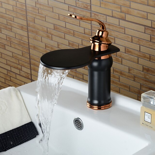  Torneira pia do banheiro - Cascata Bronze esfregado com óleo Conjunto Central Monocomando e Uma AberturaBath Taps / Latão