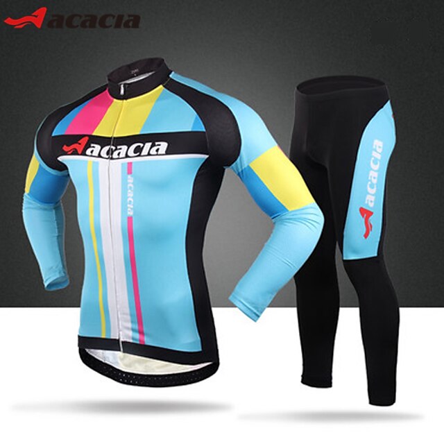  Acacia Men's Long Sleeve Cycling Jersey with Tights - Bule / Black Geometic Bike Tights, Breathable, Quick Dry, Reflective Strips, Back Pocket Spandex, Elastane, Silicon Geometic / High Elasticity