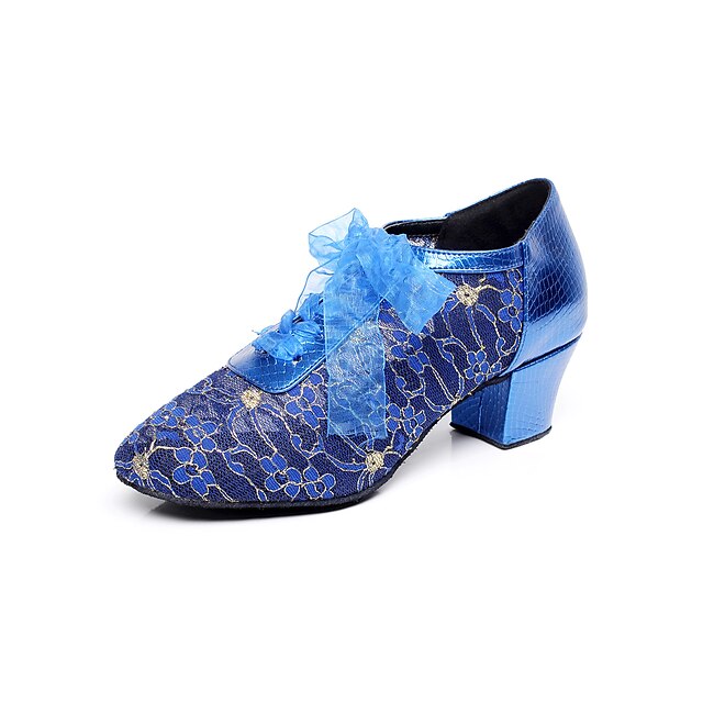  Mulheres Sapatos de Dança Moderna / Sapatos de Salsa Renda Sandália Flor de Cetim Salto Robusto Não Personalizável Sapatos de Dança Azul Marinho / Preto / Interior / Espetáculo / Ensaio / Prática