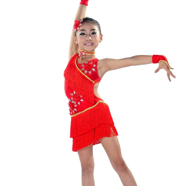  Latin Dance Outfits Children's Performance Spandex Tassel Dress Sleeves Neckwear Headwear