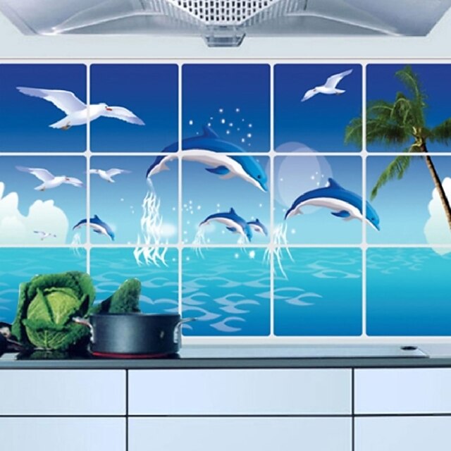  Blue Dolphin Seagull Ocean Kitchen Wall Decal Sticker Kitchen Exhaust Grease Oil Proof