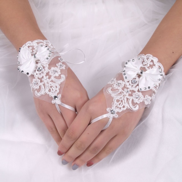  Elastic Satin / Silk Wrist Length Glove Bridal Gloves With Bowknot