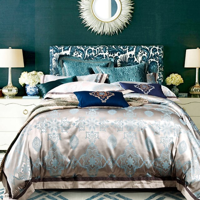  Duvet Cover Sets Luxury Silk / Cotton Blend Jacquard 4 PieceBedding Sets / 4pcs (1 Duvet Cover, 1 Flat Sheet, 2 Shams)