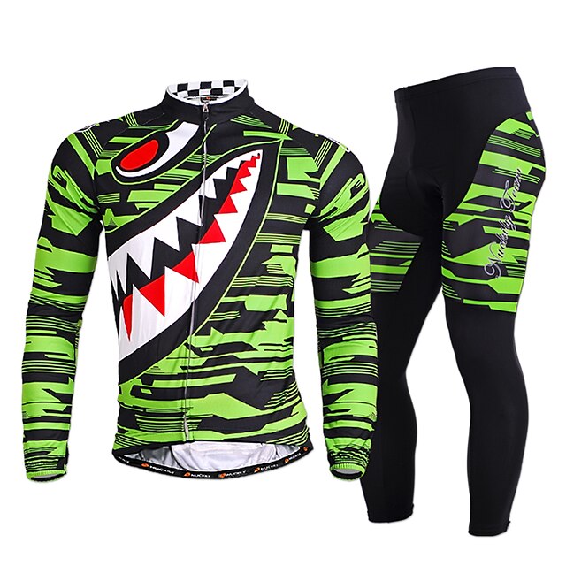  Nuckily Men's Long Sleeve Cycling Jersey with Tights Gray Green Bike Clothing Suit Windproof Breathable Quick Dry Ultraviolet Resistant Reflective Strips Sports Polyester Lycra Shark Mountain Bike
