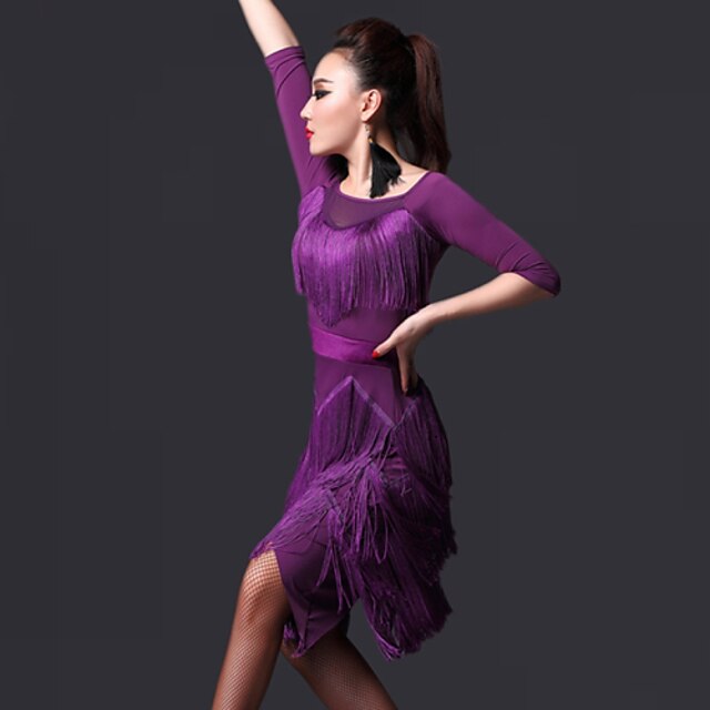  الرقص اللاتيني الفساتين للمرأة أداء نايلون شرابة فستان شورت