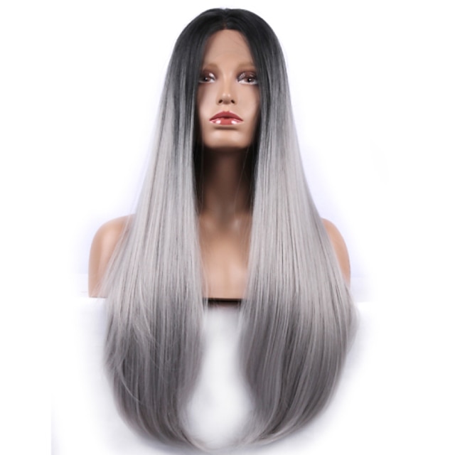  Synthetische Lace Front Perücken Glatt Grau Damen Spitzenfront Synthetische Haare