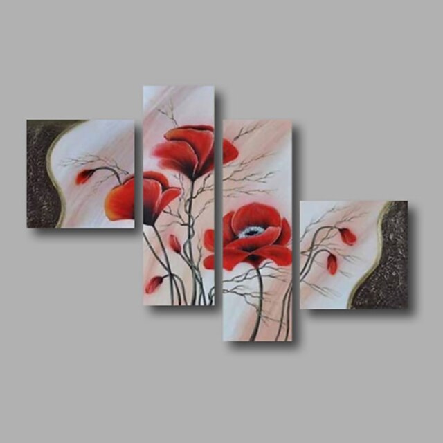  Oil Painting Hand Painted - Floral / Botanical Modern Stretched Canvas / Four Panels