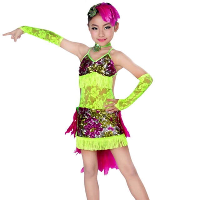  Latin Dance Outfits Children's Performance Lace Feathers Tassel(s) 5 Pieces Dress Sleeves Neckwear Headpieces