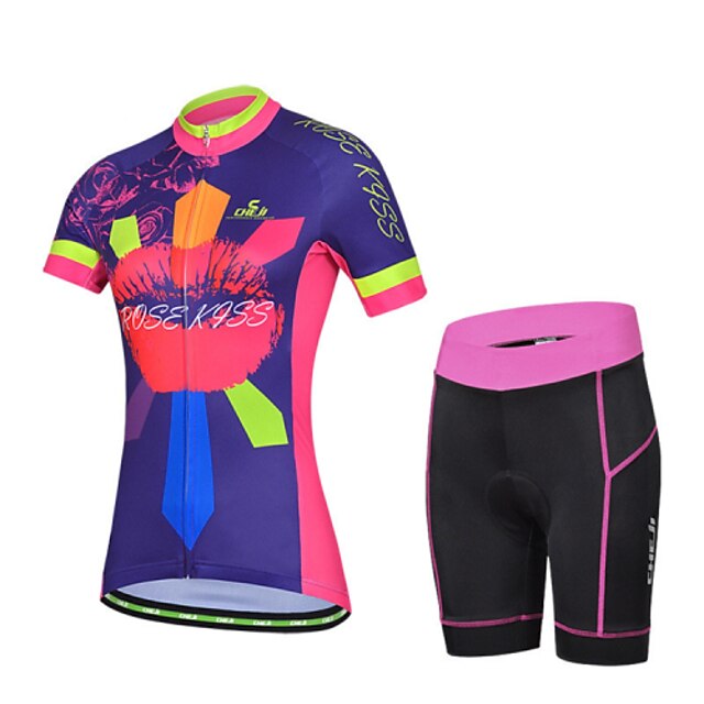  cheji® Women's Short Sleeve Cycling Jersey with Shorts Black Floral Botanical Bike Shorts Jersey Clothing Suit Breathable 3D Pad Quick Dry Ultraviolet Resistant Sweat-wicking Winter Sports Elastane