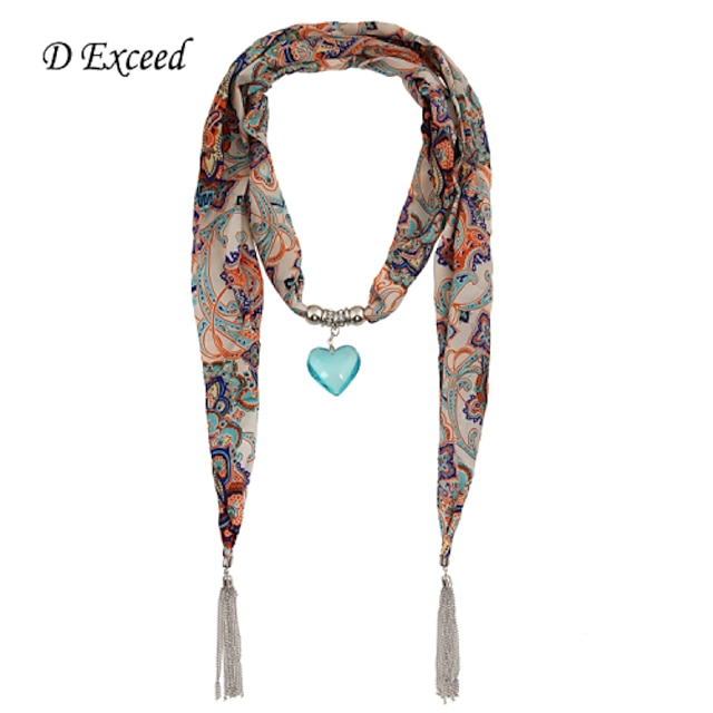  D Exceed intage Ethnic Print Chiffon Spring Scarf Necklaces For Women Tassel Jewelry Scarves With Blue Heart Pendant