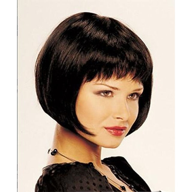  Synthetic Wig Straight Straight Bob Short Bob With Bangs Wig Short Dark Brown Synthetic Hair Women's Brown StrongBeauty