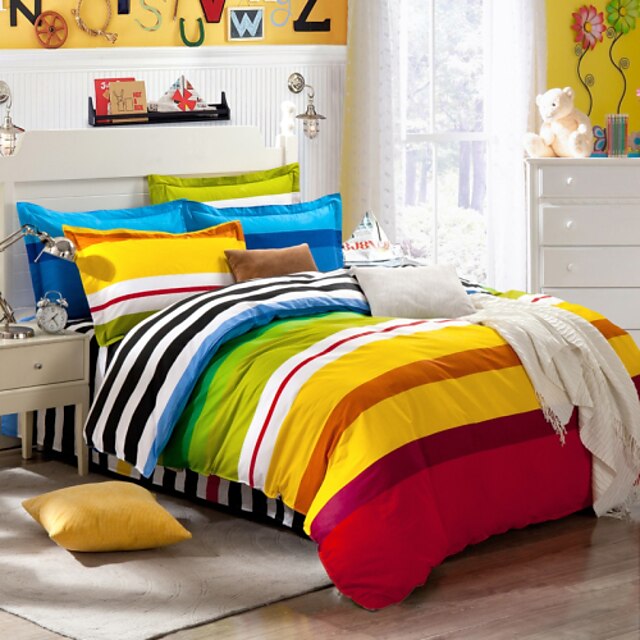  Colorful striped Bedclothes 4pcs Bedding Set Queen Size Duvet Cover Set 100% Cotton  good qulity