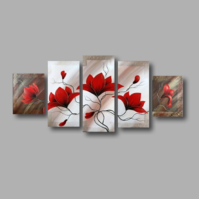  Peinture à l'huile Hang-peint Peint à la main - A fleurs / Botanique Moderne Inclure cadre intérieur / Cinq Panneaux / Toile tendue