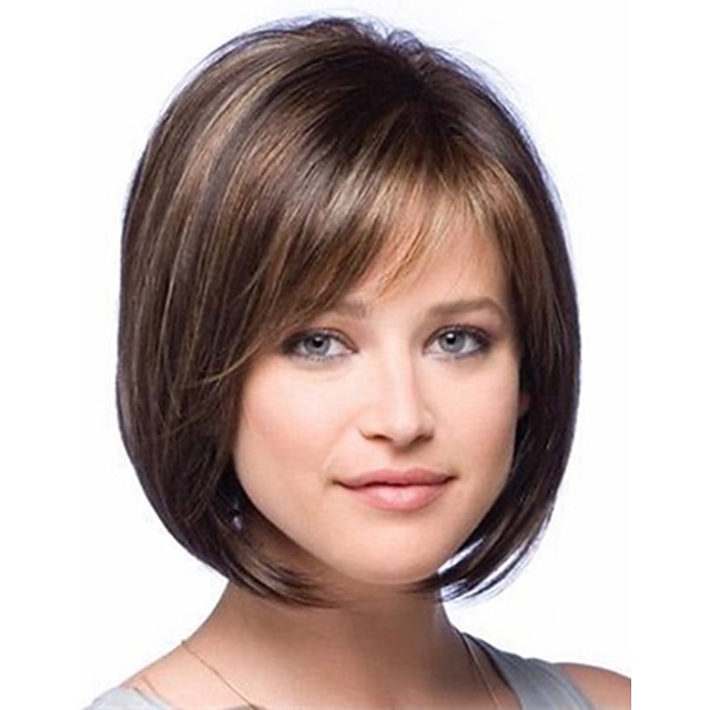  Brown Wigs for Women Synthetic Wig Straight Straight Bob with Bangs Wig Short Brown Synthetic Hair Women's Highlighted / Balayage Hair Side Part Brown
