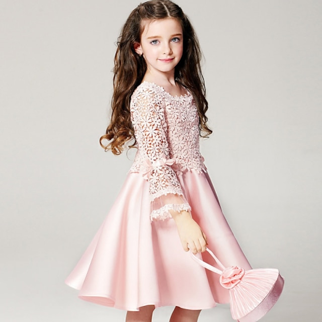  Toddler Little Girls' Dress Solid Colored Party Daily Jacquard Pink Long Sleeve Sweet Dresses Summer Slim
