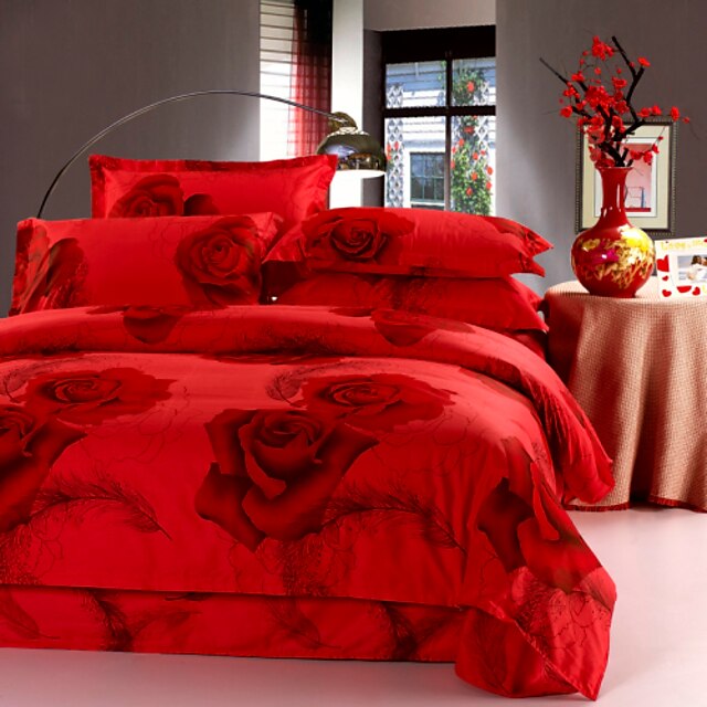  Red 100% Cotton Bedclothes 4pcs Bedding Set Queen Size Duvet Cover Set
