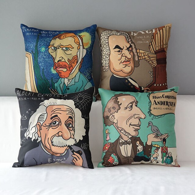  Set of 4 Modern Style Cartoon Famous People Patterned Cotton/Linen Decorative Pillow Covers