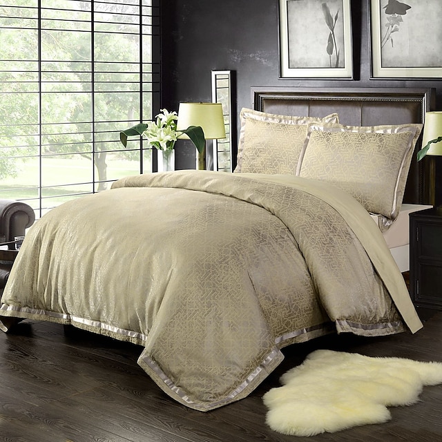  Yarn Dyed Poly Silk Bamboo cotton Jacquard Bedding Set Gold 1 duvet cover and 2pillow case