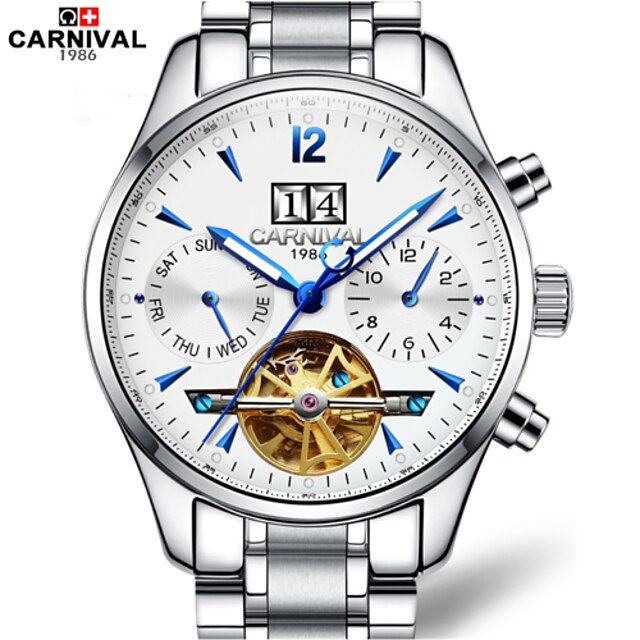  Men's Skeleton Watch Automatic self-winding Hollow Engraving Stainless Steel Band White