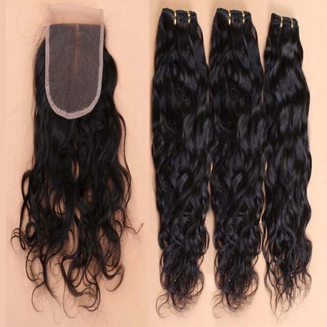  3 πακέτα με κλείσιμο Βραζιλιάνικη Αγνή Τρίχα 350 g Μαλλιά υφάδι με κλείσιμο 10-28 inch Υφάνσεις ανθρώπινα μαλλιών Επεκτάσεις ανθρώπινα μαλλιών