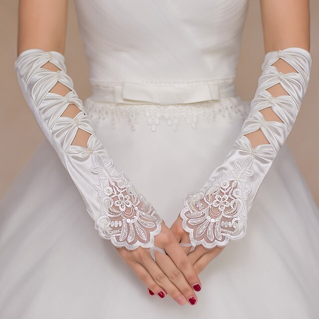  Lace / Satin Elbow Length Glove Bridal Gloves / Party / Evening Gloves With Bowknot / Beading / Embroidery